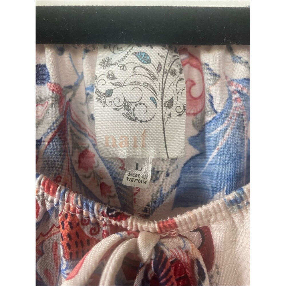 NAIF Tunic Light Pink Blue Red Coral Floral & Paisley Tie-Neck Split Sleeve Sz L - Picture 4 of 11